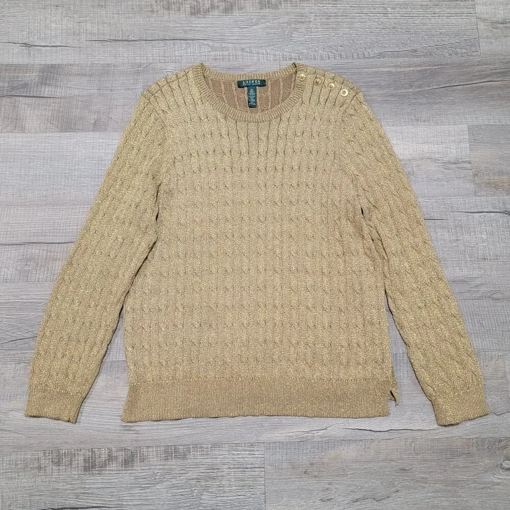 Ralph Lauren LRL Cotton Cable Knit Crew Neck Sweater Size 2X Shimmer‎ Holiday